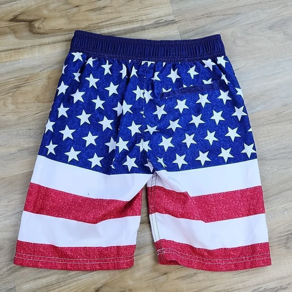 🧡Cat & Jack Red, White, & Blue American Flag Print Swim Trunks Medium